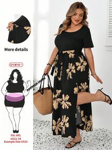 SHEIN CURVE+ Curve 大碼 US22 音樂祭海邊度假波希米亞風夏季休閒花卉印花拼接短袖長洋裝 黑色 - 黑色 - 查看 5