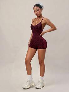 Slayform Slayform Seamless Knit Thin Cross Adjustable Strap Backless Leopard Print Women's Sports Romper Suitable For Yoga, Fitness, Weightlifting, Workout - Burgundy - View 5