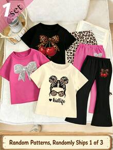 Blind Box Random Set, Spring Summer Autumn Girls Toddler Creative Personalized Leopard Print Cherry Bow Cartoon Painting Character Graphic Shiny Bow Pattern Print Casual Basic Short T-Shirt And Flared Pants Set, Sets - Multicolor - View 3