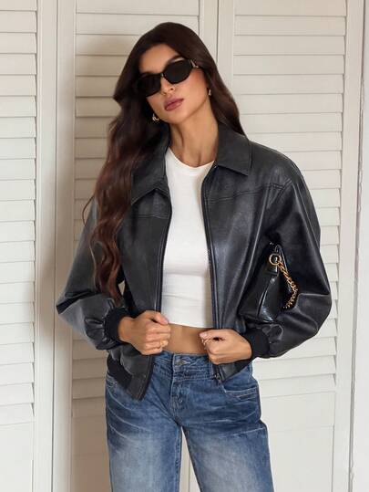 SHEIN Tall Women's Fashionable American-Style Black Jacket With Gradient Texture