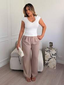 Maria Perezxox Damen Sommer Mode Kontrast Spitze Einfarbig Slim Fit V-Ausschnitt T-Shirt Lässig - Weiss - Übersicht 4