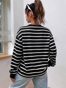 SHEIN EZwear 春季白色條紋印花落肩連帽衛衣，畢業季、返校穿搭，女教師穿搭，秋冬返校穿搭 - 黑色 - 查看 2