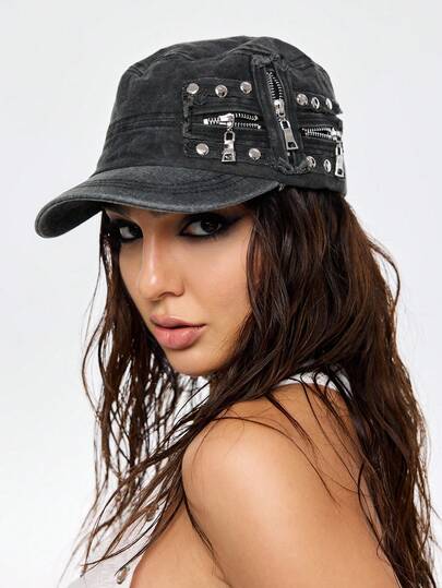 ROMWE Grunge Punk 1/2pcs Vintage Rivet Washed Flat Top Street American Baseball Cap, Beret Hat, Large Head Size, Face-Slimming Textured Fabric