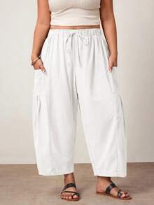 Enliva Plus Size Loose Fit Drawstring Casual Cropped Pants Fall - White - View 8