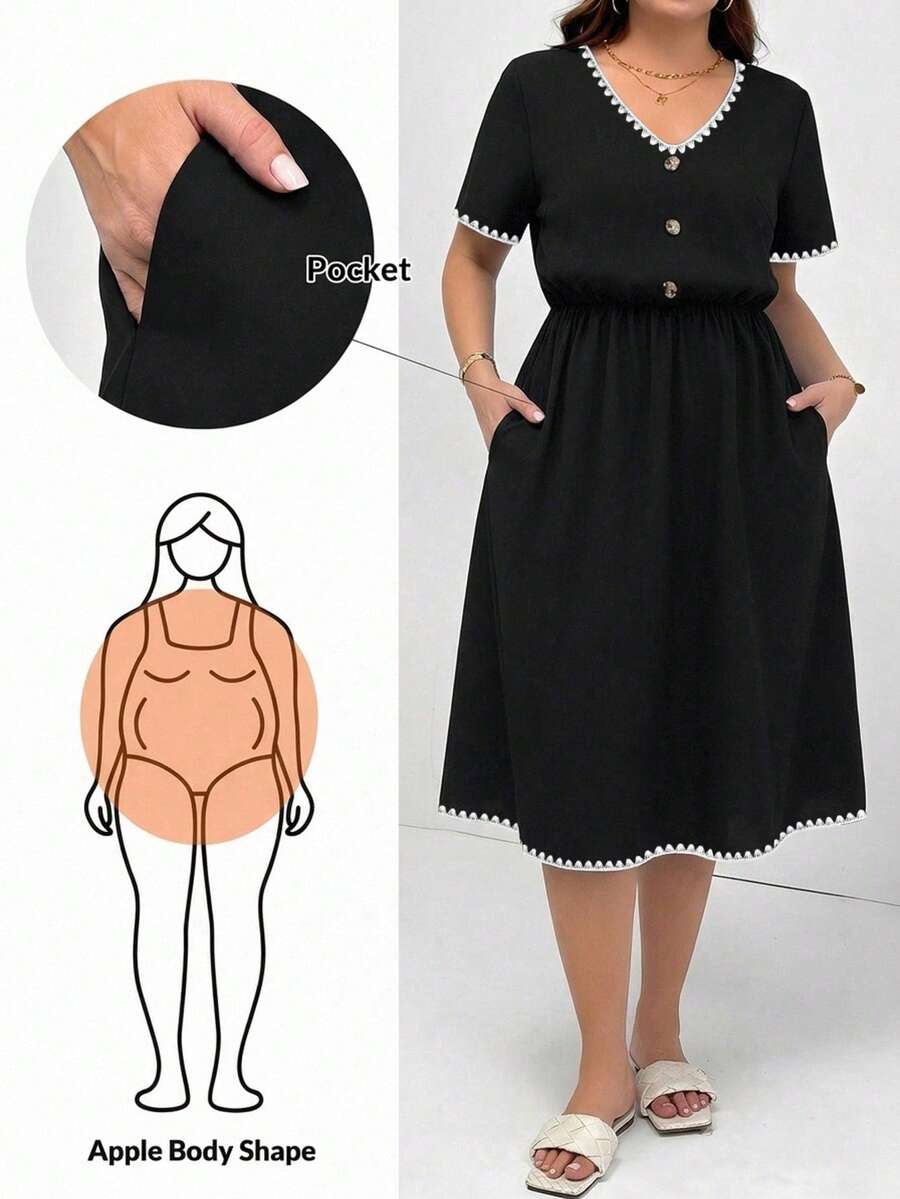 SHEIN Essnce Plus Size Summer Casual Capsule Contrast Trim Embroidered Dress Teachers' Day Bussines Office Black - Multicolor - View 1