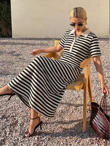 Livesso Ladies' Striped Straight Long Dress Sundress, Casual Women Dress - Black and White - View 5