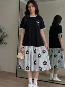 SHEIN Tween Girl Casual Daily Versatile Comfortable Round Neck Short Sleeve Patchwork Dress - Black - View 6