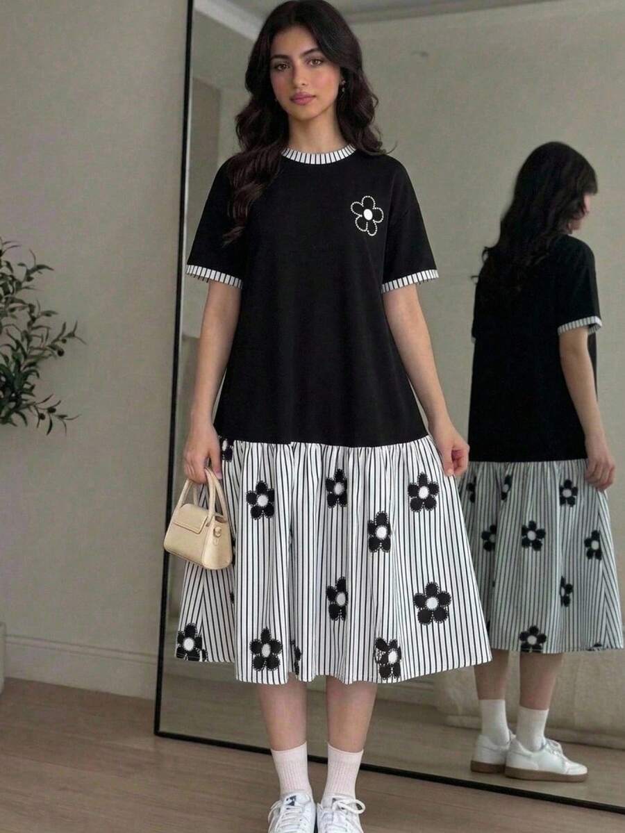 SHEIN فستان كاجوال يومي متعدد الاستخدامات مريح برقبة مستديرة وأكمام قصيرة بتصميم باتشوورك للفتيات المراهقات - الأسود - مشاهدة 1