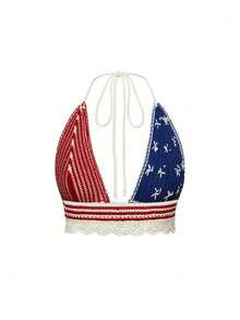 ROMWE J-Fashion Women Independence Day American Flag Backless Striped Floral Contrast Halter Bikini Crochet  Knit Tops - Multicolor - View 4