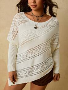 Freevana Plus Size Batwing Long Sleeve Asymmetric White Pointelle Knit Sweater With Slouchy Neck Ribbed Cuffs Diagonal Hem For Autumn Formal Vacation Bohemian - White - View 6