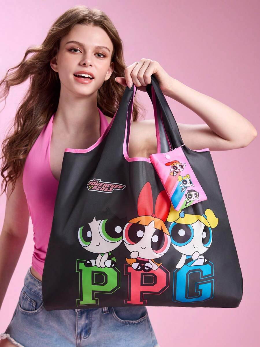 THE POWERPUFF GIRLS X SHEIN 卡通女孩印花聚酯纖維可折疊托特包,緊湊折疊設計,適用於超市購物、日常雜務與旅行使用 - 灰粉色 - 查看 1