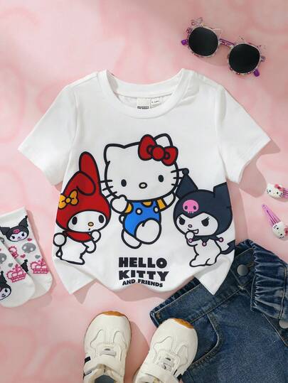 HELLO KITTY AND FRIENDS | SHEIN Atasan Bayi Perempuan Lucu Motif Kartun dengan Cetakan Huruf, Leher Bulat, Lengan Pendek