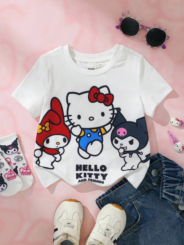 HELLO KITTY AND FRIENDS | SHEIN 女嬰可愛卡通圖案字母印花圓領短袖上衣
