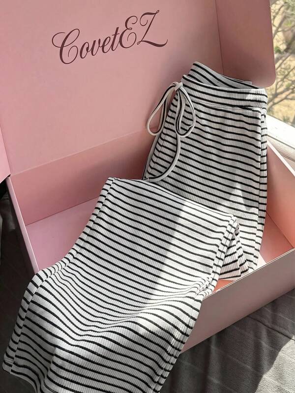 CovetEZ Women's Drawstring Waist Striped Casual Versatile Daily Travel Long Pants