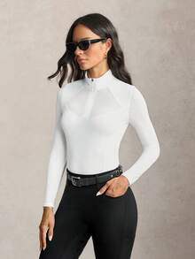 Activina 女款 Bar Color 立領半開襟對比拉鍊套頭馬術上衣 長袖 T-shirt 時尚夏季秋季透氣面料 - 白色 - 查看 5