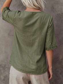 Zayélia Women's Woven Casual V-Neck Beachwear Daily Summer Shirt - Army Green - View 2