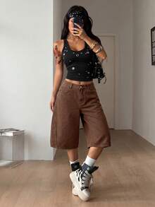 Coolane Women's Casual Coffee Brown Panel Seam Baggy Mid Calf Shorts Elastic Back Waist Wide Leg Streetwear Capri Pants Summer Halloween Y2K Day Drinking - Brown - View 5