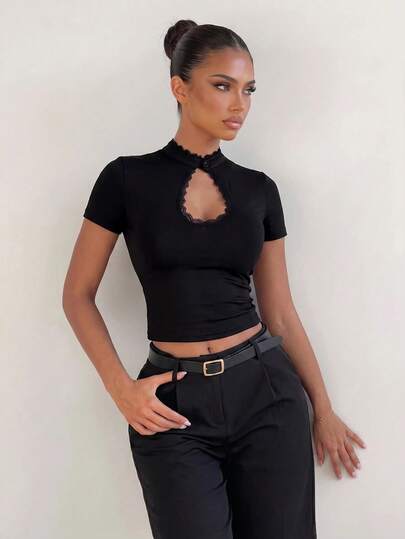 Sirith Women's Solid Color Contrast Lace Cutout Design Short Sleeve Slim Fit Top Night Out Club Black Summer Sexy Casual Elegant Going Out Party Date Night