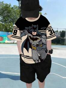 BATMAN X SHEIN 青少年男童休闲时尚街头风日常通勤动漫英雄数字印花撞色短袖T恤，夏季 - 白色 - 查看 5
