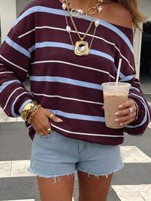 Attitoon Sudadera de mujer con bloques de color y rayas, hombros descubiertos - Multicolor - Ver 6