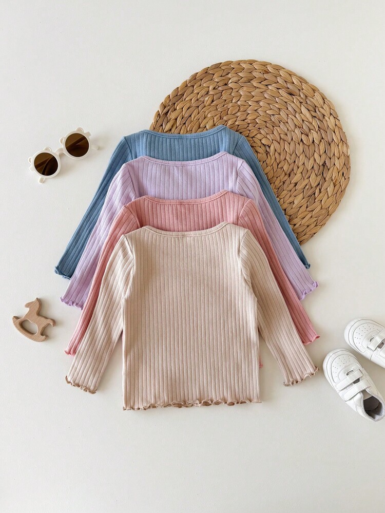SHEIN 4pcs Baby Girl Casual Cute Knit Solid Color Long Sleeve Tops - Multicolor - View 2