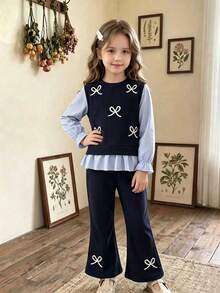 SHEIN Elladie kids 2件組女童藍色條紋蝴蝶結荷葉邊長袖二合一上衣搭配藍色長褲，返校穿搭套裝 - 藍色 - 查看 1