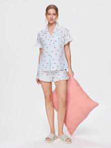 Bonmuse 3pcs Women's Cherry Striped Print Pajama Set With Pockets, Front Button, Ruffle Hem Short Sleeve Top And Shorts & Pants, Summer Sleepwear - Multicolor - View 7