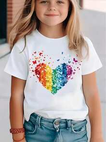 SHEIN Elladie kids 少女休閒時尚舒適簡約多色愛心圖案短袖圓領T恤，春/夏 - 白色 - 查看 1