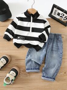 Bubblio Baby Boy Toddler Boys Striped Zip-Up Hoodie And Long Pants Casual Set Mommy And Me Suitable For Birthday,First Day Of School,Glamorique Kids,Holiday - Multicolor - View 2