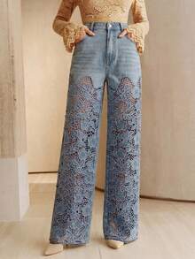 Anewsta Women's Sexy Hollow-Out Embroidered Straight-Leg Pants, Vacation Summer Promotion, Blue - Blue - View 7