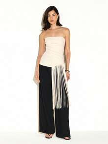 KSTM Strapless Tube Top With Dramatic Side Fringe Trim Bodycon Fit Evening Party Style - Cream - View 3