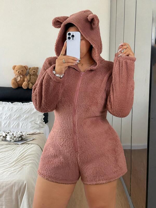 Napfluff CURVE Napfluff CURVE Women's One-Piece Pajamas Pink Brown Autumn/Winter Cute Ear Hat Loungewear Plus Size