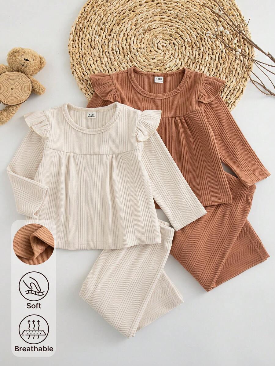 SHEIN Baby Girl 0-3 Years 4-Piece Set Spring/Autumn Round Neck Lace Long Sleeve Soft Ribbed Fabric Beige And Brown Top With Pants Solid Color Knit Ribbed Set Simple Sweet Cute Suitable For Indoor And Outdoor Activities - Multicolor - View 1