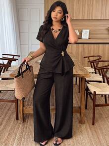 Weeklong Women's Plus Size Spring/Summer Casual Vacation V-Neck Short Sleeve Loose Pants Two Pieces Set Elegant - Coffee Brown - View 5