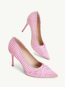 CUCCOO CHICEST 女款時尚優雅粉色格紋緞面尖頭高跟鞋 - 格子粉 - 查看 4