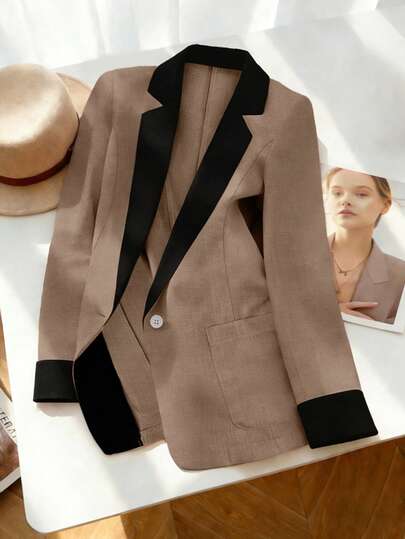GlowEve CURVE Plus Size Elegant Fitted Notch Lapel Blazer, Single-Breasted Colorblock Casual Business Jacket, Autumn/Winter