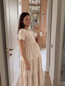 SHEIN 孕婦夏季休閒純色短袖洋裝 - 卡其色 - 查看 9