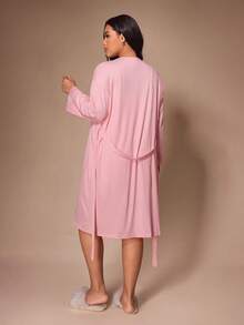 Lazeform Plus Size Solid Color Soft Lace Pajama Set, Women's Home Wear Camisole Long Sleeve Tie-Front Robe 4-Piece Set - Pink - View 3