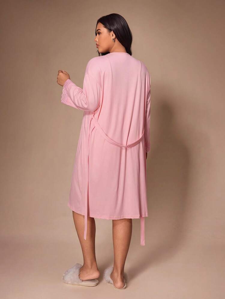 Lazeform 大尺碼純色柔軟蕾絲睡衣套裝，女款居家服吊帶背心、長袖繫帶前開襟晨袍 4 件套 - 粉色 - 查看 3