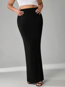 SHEIN Tall CURVE 大码女式休闲纯色长裙 - 黑色 - 查看 3
