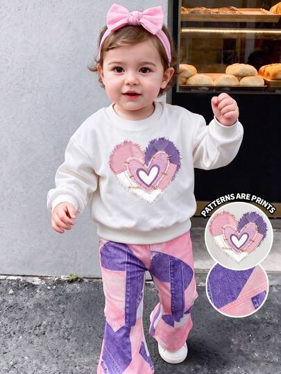 SHEIN Baby Girls 2-Piece Set, Fashionable Minimalist Heart Print Faux Denim Effect Crew Neck Long Sleeve Sweatshirt Top And Irregular Faux Denim Effect Print Flare Long Pants, Soft Fabric, Suitable For Outings In Autumn/Winter