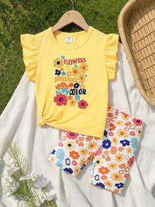 SHEIN Elladie kids 少女花卉印花寬袖和騎行短褲套裝，適合度假 - 黃色 - 查看 2