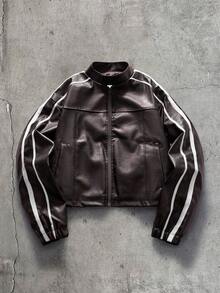 AXEPEAK Men's Fashion Zipper Striped Colorblock Pocket PU Material Jacket - Brown - View 1