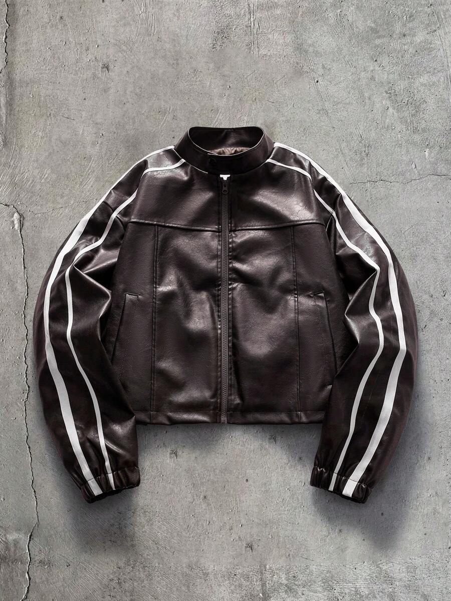 AXEPEAK Men's Fashion Zipper Striped Colorblock Pocket PU Material Jacket - Brown - View 1