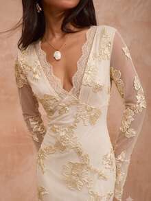 Opulessa Women's Elegant Party Dinner Floral Embroidered Mesh Dress Wedding White Floral Autumn - Yellow - View 5