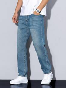 Manfinity Homme Jeans rectos de color liso con bolsillo para hombres, de uso versátil y casual - Azul - Ver 5