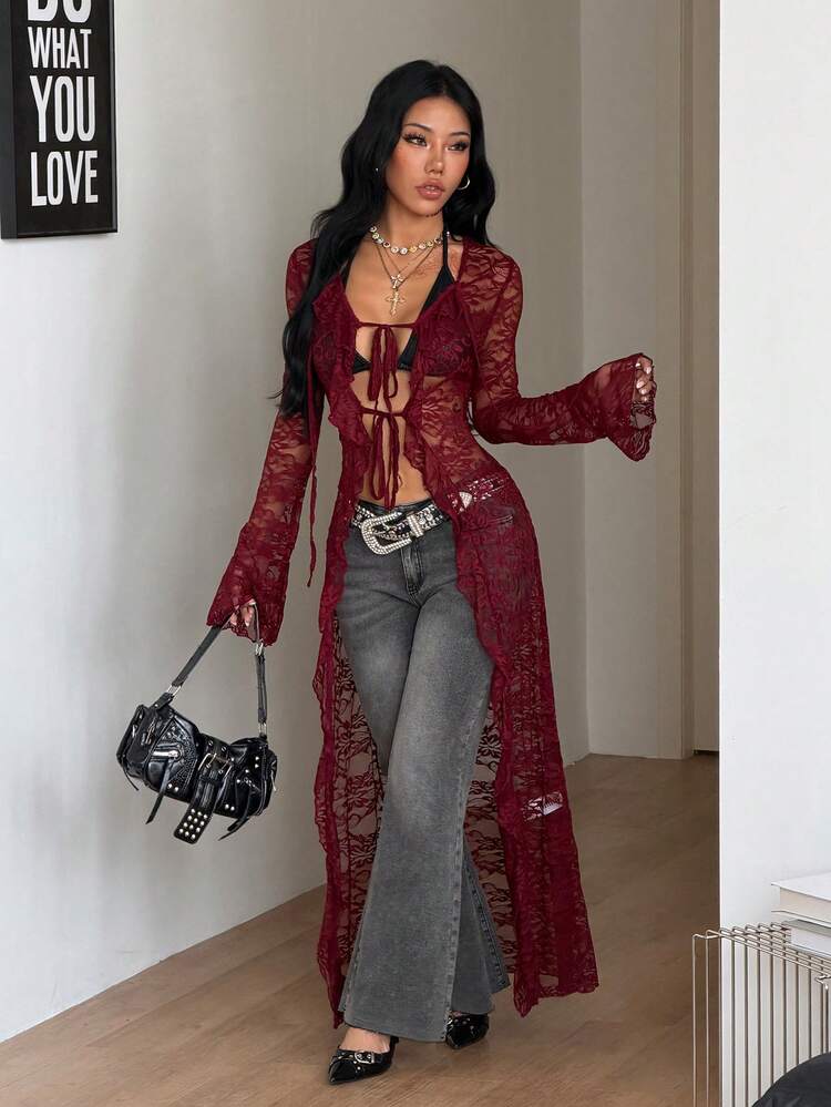 Coolane Sexy Women's Party & Music Festival Cover-Up With Lace Straps And Ruffled Ribbons For Hot Girl Style - Burgundy - View 4