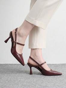 CUCCOO BIZCHIC 女款尖頭細高跟鞋 酒紅色 時尚基礎款 日常百搭 通勤上班購物用 後跟提拉式 Slingback 高跟鞋 - 紅色1 - 查看 3