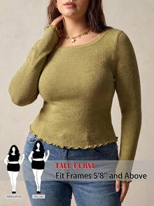 SHEIN Tall CURVE Plus Size Fashion Frill Trim Long Sleeve T-Shirt For Daily Wear - Green - View 2