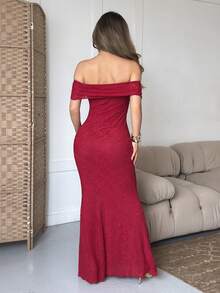 Jemour Off Shoulder Burgundy Textured Extra Long Mermaid Hem Dress, Red Summer Lace Casual Elegant - Red - View 2